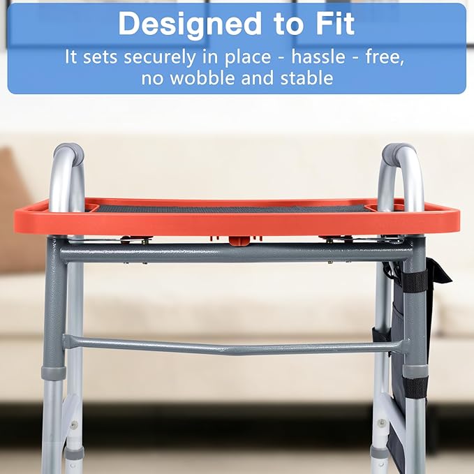 Walker Tray for Seniors with Dual Cup Holders, Side Pouch and Non-Slip Pad, Lightweight Durable Food & Drink Table, Compatible with Walker of 10210-1 Model (Red)