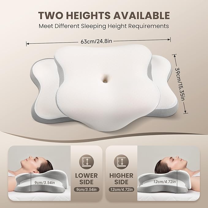 JINXIA Cervical Neck Pillow for Sleeping, Odorless Memory Foam Pillows & Soft Silk Cover, Ergonomic Orthopedic Pillow for Side Back Stomach Sleepers, Neck and Shoulder Pain Relief, White and Gray