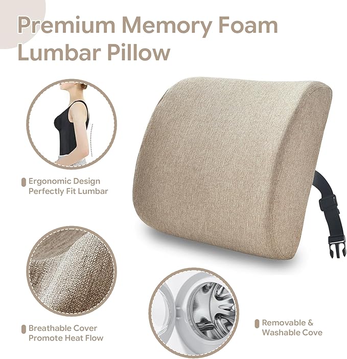 Back Support Pillow for Recliner Support Pillow with Gel Memory Foam Ergonomic Orthopedic Couch Lumbar Cushions for Elderly Lower Back Pain Relief Washable Cover, Beige