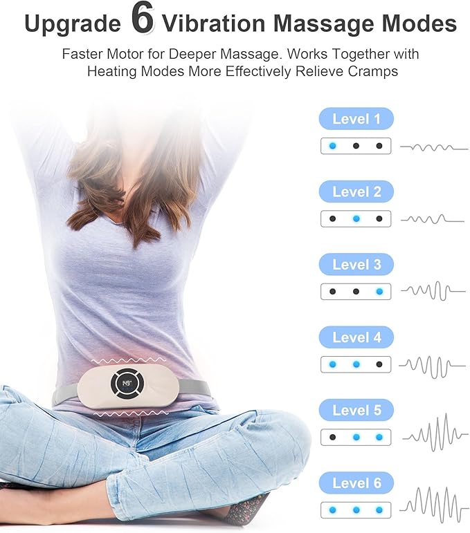 Portable Cordless Heating Pad for Period Cramps, Voice Reminder Menstrual Heating Pad with 6 Heat Levels and 6 Massage Modes, 3s Fast Heating, Gifts for Women Girls, White