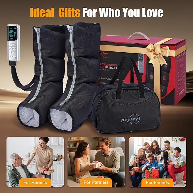 Leg Massager with Heat and Compression, Foot Massager for Circulation and Pain Relief, 3 Timers, 12 Intensity, 6 Modes,3 Heating with Knee Massager,Gifts for Man Woman,Black