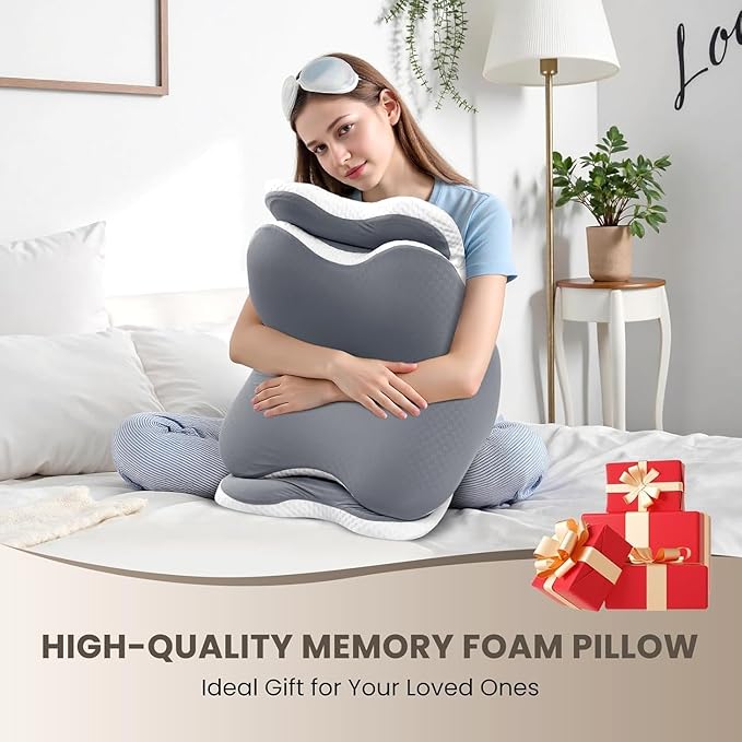 JINXIA Cervical Neck Pillow for Neck and Shoulder, Odorless Memory Foam Pillow with Soft Silk Cover, Ergonomic Orthopedic Neck Support Pillow for Side, Back & Stomach Sleepers - Gray