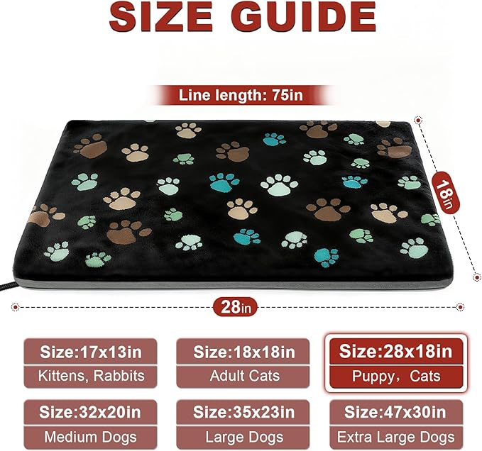 GOLOPET Puppy Heating Pad 28x18 in with Smart Thermostat Switch and Power Line Protection Tube,Obtained MET and UL Dual Certification,Waterproof Pet Heating Pad for Dogs with Plush Fabric Cover-Black