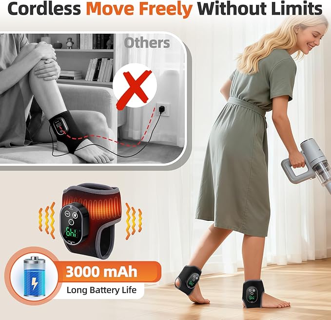 Cordless Ankle Heating Pad, Foot and Ankle Massager for Pain Relief, Rechargeable Heated Ankle Wrap with 4 Heats, 2 Vibrations, 3 Timers, Gifts for Women Men (Black)