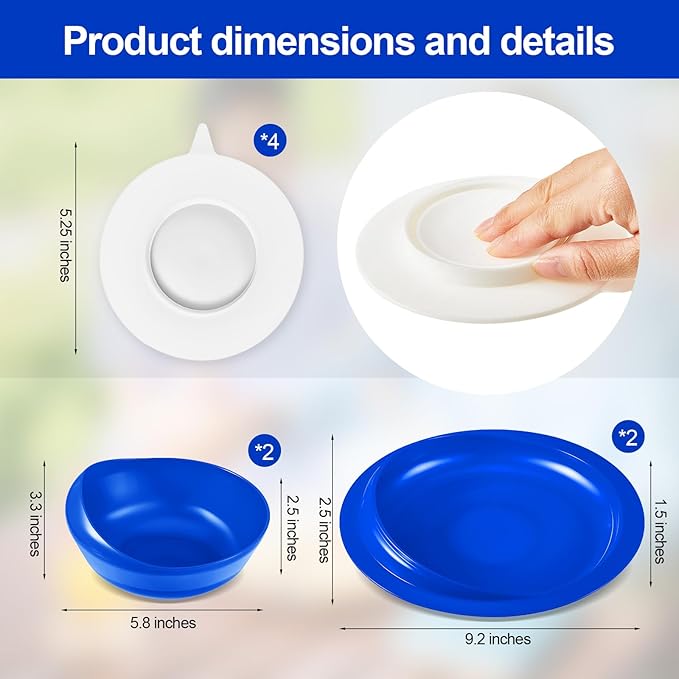 Hushee 2 Sets Adaptive Spill Proof Scoop Bowl and Plate Set with Suction Base Non Skid Self Feed Suction Dinnerware for Elderly Disabled Handicapped from Parkinsons Tremor (Blue)