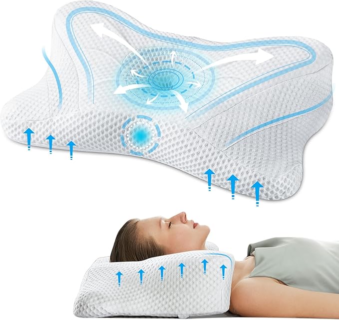 DUMOS Cervical Neck Pillow, Cooling Ergonomic Memory Foam Pillows for Neck Pain Relief with Breathable Pillowcase, Dual Height Orthopedic Support Contour Pillow for Side, Stomach Sleepers, White