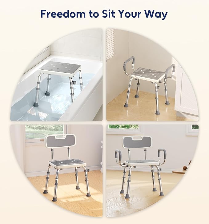 Bluelog Shower Chair for Inside Shower with Arms and Back, 500lbs Capacity Height Adjustable Shower Seat with Thickened Frame for Seniors, Elderly and Disabled