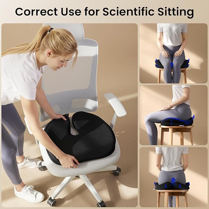 ZZ-WELL Seat Cushions for Office Chairs, Car Seat - Patented Coccyx Cushion for Tailbone Pain - Memory Foam Butt Cushion for Pressure Relief - Carry Handle & Non Slip Bottom (Black)