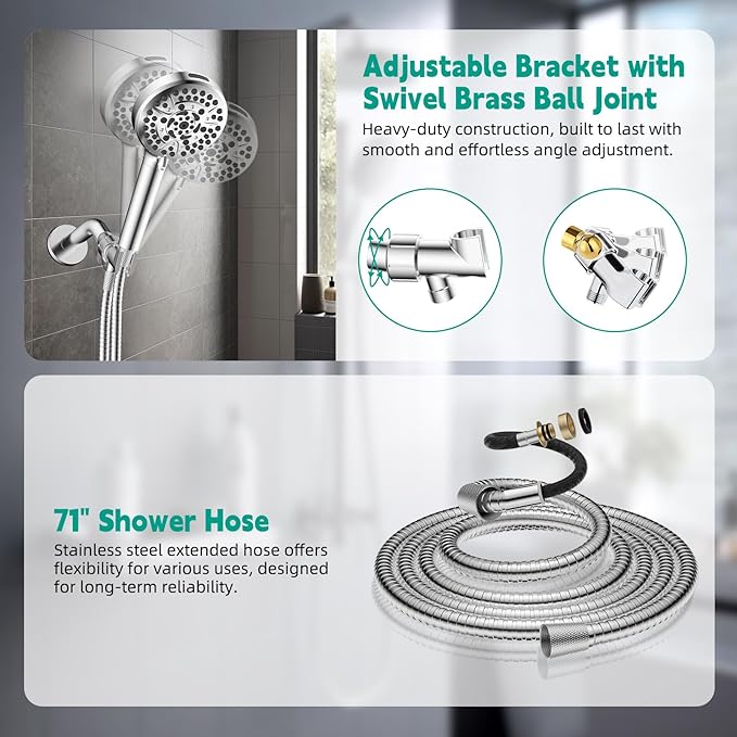 Hibbent cUPC Certified High Pressure 10-mode Shower Head, Handheld Showerhead with Adjustable Brass Joint Holder, 71" Metal Hose, Anti-clog Nozzles, Built-in Power Wash to Clean Tub & Pets, Chrome