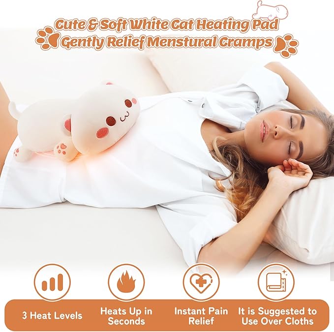 Electric Heating Pad for Period Cramps, Cuddly Kawaii 14'' White Cat Plush with a Hot Soft Belly USB Powered, Menstrual Heating Pad Neck Shoulder Pain Relief, Gift for Daughter Wife Period Heating Pad