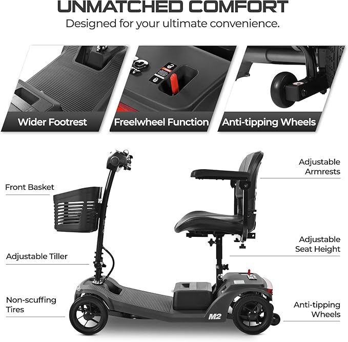 Mobility Scooter for Seniors and Adults M2 Black,15 Miles Long Range Foldable Electric Scooter, 260W Motor Power, 330 LBS Heavy Duty Capacity, Portable and Lightweight for Travel