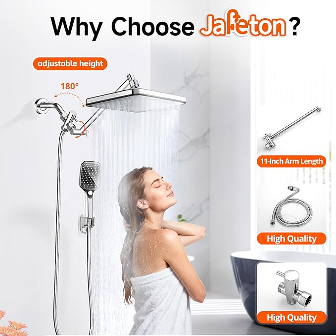 XXL 12.2" Rain Shower Head with Handheld Spray Combo, High Pressure Rainfall Shower Head, Height Adjustable Dual Shower Head, Luxury Waterfall Showerhead Bathroom
