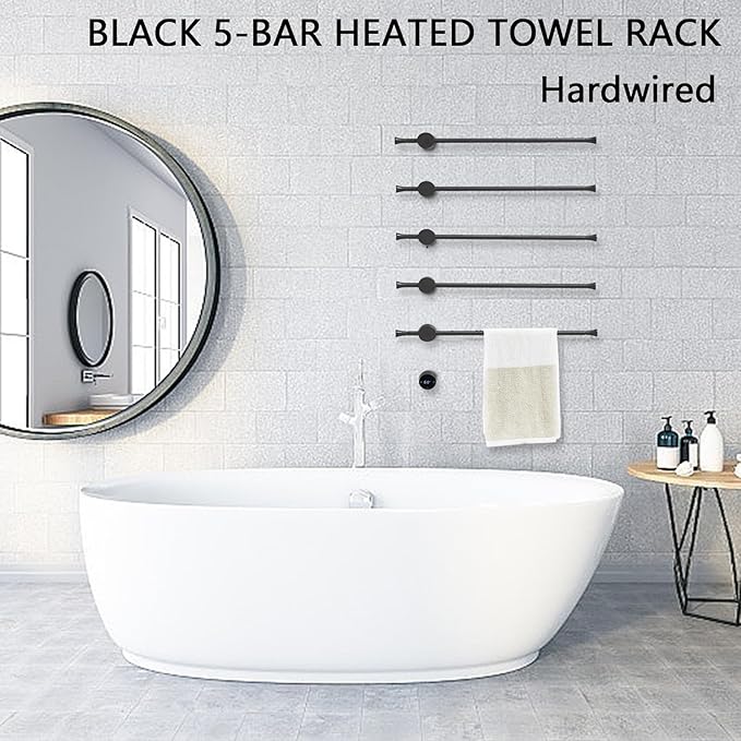 Towel Warmer Rack, Black 5-Bar Aluminum Alloy, Heated Towel Bar for Bathroom, Hidden Wiring/Support Hardwired Heated Towel Rail, with Timer and Temperature Adjustment, Overheat Protection Function