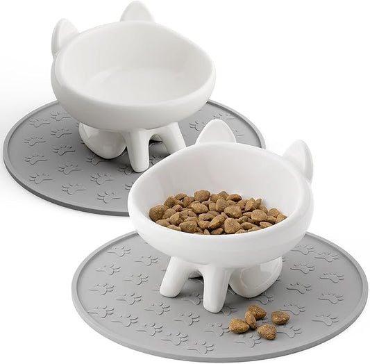 2 Pack Anti-Vomit Elevated Ceramic Cat Bowls with 2 Non-Slip Mats – Ceramic Whisker-Friendly Tilted Orthopedic Feeding Set, Ideal for Senior Cats & Small Dogs