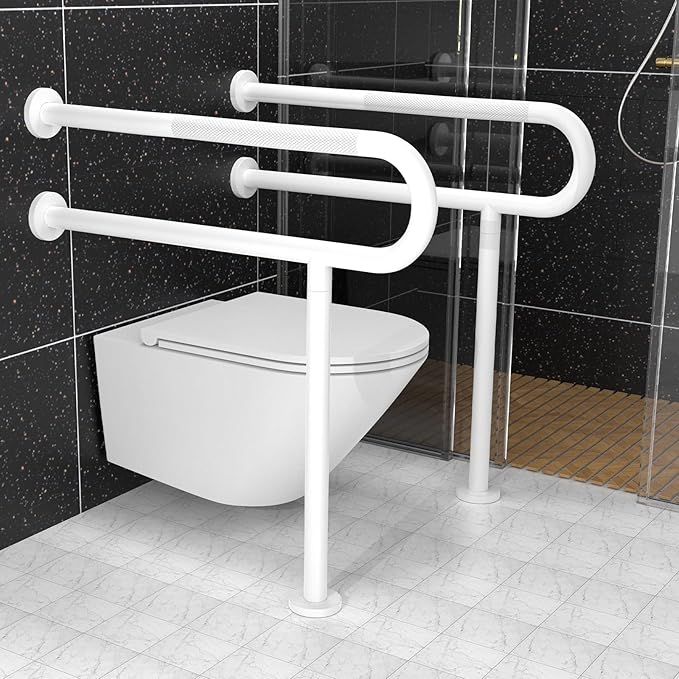 White Toilet Support Rail 31.3X 31.5 Inch, Munzong Anti-Slip Floor to Wall Handicap Grab Bar for Bathroom, Stainless Steel Knurled Safety handrails with Leg for Elderly Disabled Pregnant-1.25’Tube