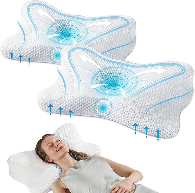 DUMOS Cervical Neck Pillow Set of 2, Memory Foam Contour Pillow with Arm Rest Slot and Soft Breathable Pillowcase, Ergonomic Dual-Height Orthopedic Support for Side, Back, and Stomach Sleepers, White