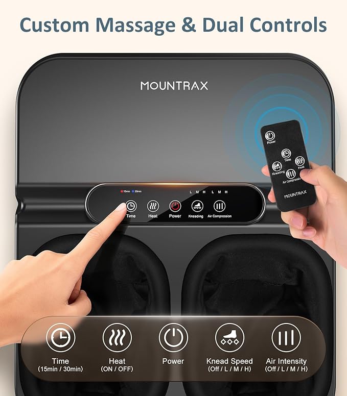 MOUNTRAX Foot Massager Machine with Heat, Foot Massager for Plantar Fasciitis, Neuropathy Pain, Shiatsu Foot Massager with Remote, Fits Feet Up to Men Size 12 (Black)
