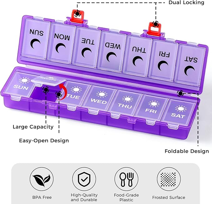 Foldable Pill Organizer Weekly 2 Times a Day, 7 Day Portable AM PM Travel Pill Case with Black&White Labels, Dual-Protection Daily Medicine Box, Large Pill Holder for Vitamin/Supplement-Clear Purple