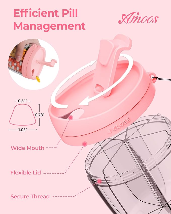 AMOOS Cute Pill Dispenser with 7 Compartments, Pill Bottle Organizer with Anti-Mix Design, Portable Pill Organizer for Travel with Wide Mouth for Easy Access, BPA-Free Patented Pill Container, Pink