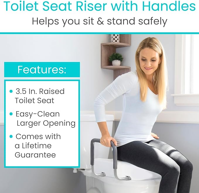 Vive Raised Toilet Seat Riser for Seniors (with Handles) - Handicap Rail Grab Bar Seat for Over Toilet - Elevated Safety for Elderly, Disabled, Medical - Standard