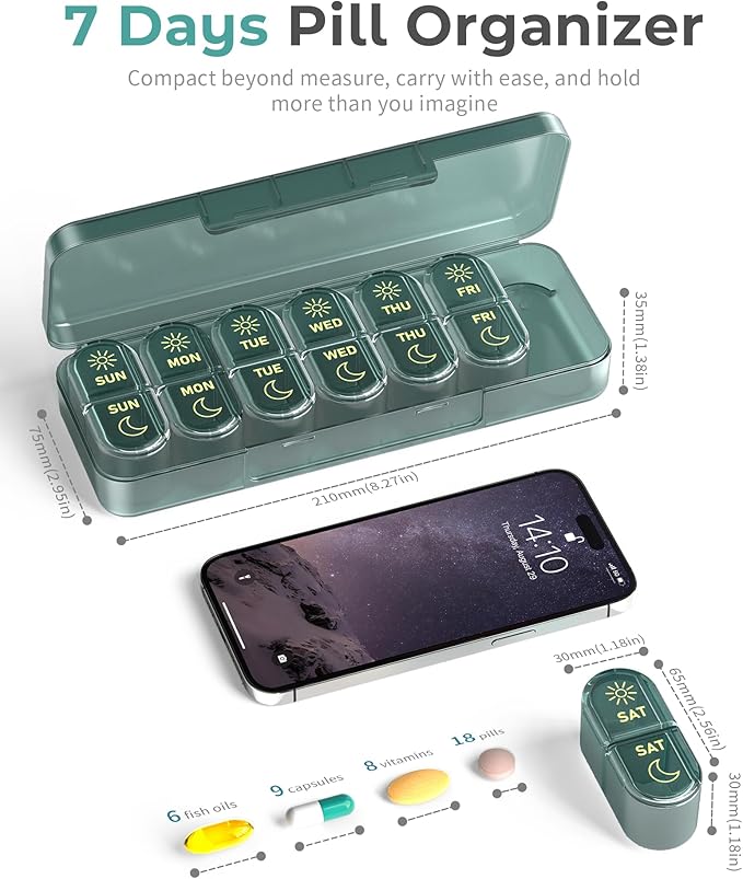 Pillex Pill Organizer 2 Times a Day, AM PM Pill Box 7 Day, Weekly Medicine Organizer with Large Capacity, Travel Pill Case for Medication, Vitamins, Fish Oils, Supplements (Easy to Use, Portable)