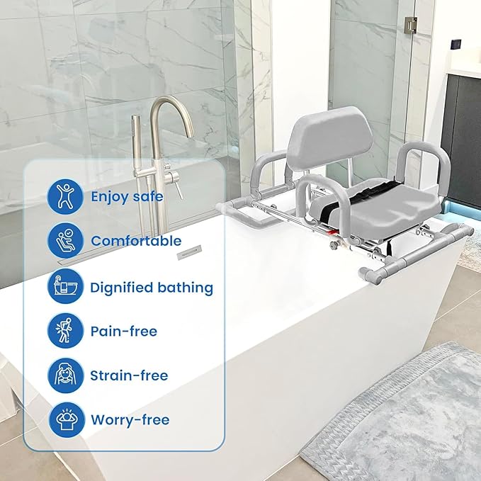 Platinum Health HydroSlide Sliding Shower Chair Swivel Seat for Bathtub, Soft, Padded with Industry-Exclusive, Patented Gap-Bridge Safety Feature. Padded Armrests. Ideal for Elderly and Seniors
