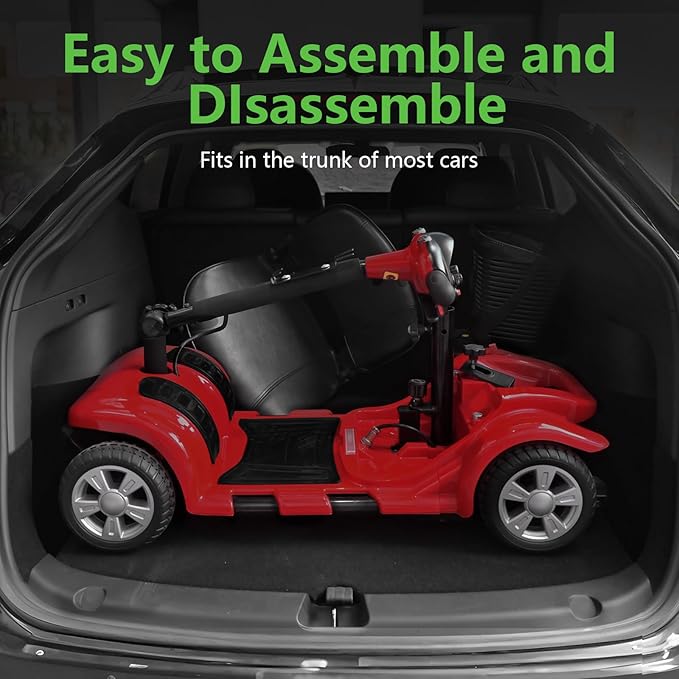 Mobility Scooter for Adults, Senior, 4 Wheels Electric Powered Chargeable Device for Travel, Lightweight and Portable, with LED Headlights and Basket, Charger Included, Red/Blue (RED red)