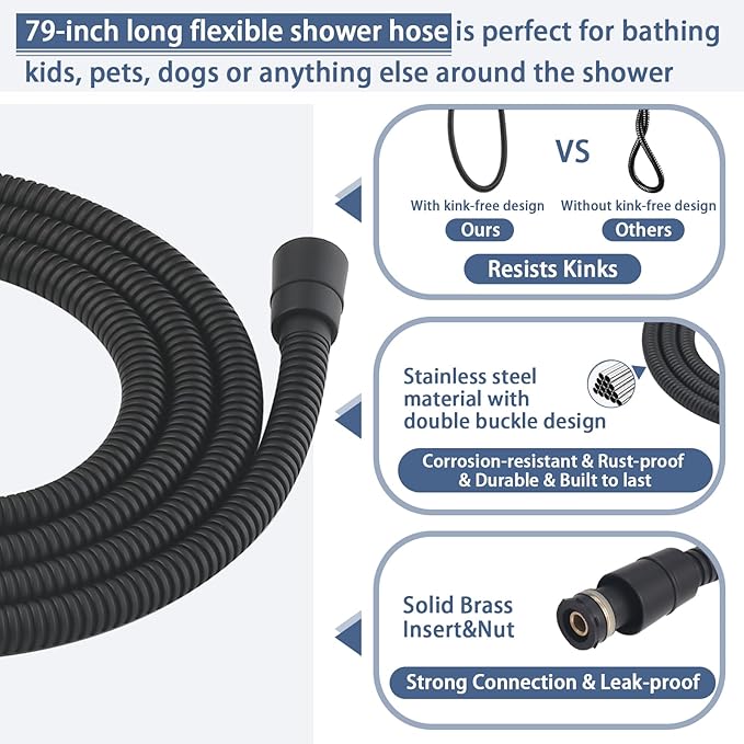 Handheld Shower Head with Slide Bar Combo, 27.5-Inch Adjustable Height Slide Bar, High Perssure Handheld Shower Head with 6.6ft Extra Long Hose, Brass Wall Supply Elbow, Matte Black