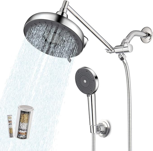 Rain Shower Head with Filter and Handheld, 8 Inch High Pressure and 3 Spray Modes Shower Head, Dual Showerhead Set with Extension Arm and 60 Inch Shower Hose, Shower Head Filter for Hard Water, Chrome