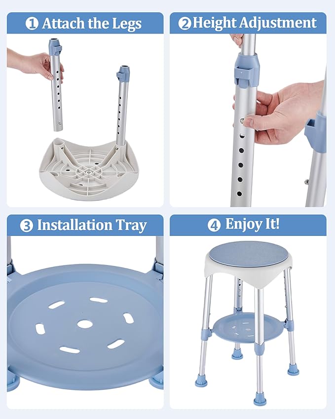 Shower Stool with Storage Tray, Height Adjustable Rotating Shower Chair for Seniors and Adults, 360° Swivel Tub Transfer Bench for Bathroom and Inside Shower (Blue)