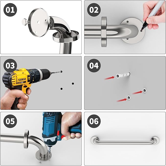 16 Inch Stainless Steel Shower Grab Bar, ZUEXT Chrome Shower Handle, Bathroom Balance Bar, Safety Hand Rail Support Bar for Handicap Elderly Injury, Senior Assist Bath Tub Wall Concealed Mount Handle