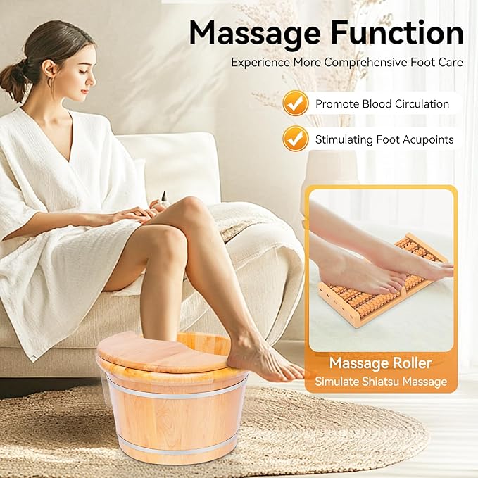 16" Wood Foot Bath Bucket with Massage Roller & Lid, Thickened Spa Soaking Tub for Relaxation, Washing and Sauna, Wooden Foot Soaking Tub with Heat Retention