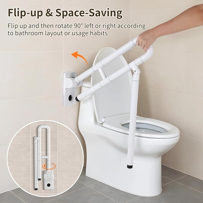 Toilet Safety Rail – Non-Slip Bathroom Grab Bar for Elderly, Disabled & Seniors – Stainless Steel Support Handrail with Non-Slip Grip & Support Leg（White）