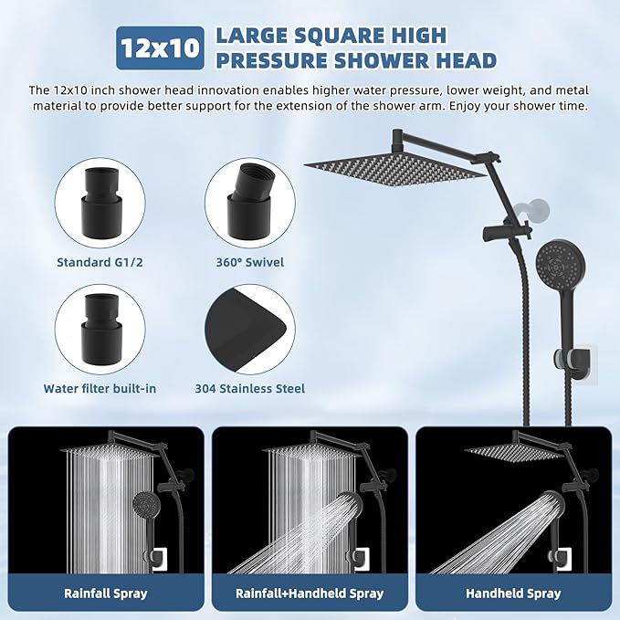 12“ All Metal Black Rain Shower Head with Handheld Spray Combo, High Pressure Rainfall Shower Head with16" Shower Extension Arm, 5“ Handheld Spray Powerful Clean 10-Mode, 3-Way Diverter, Shower Hose