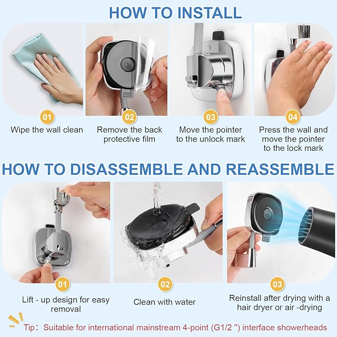 Shower Head Holder,360° Adjustable Shower Holder for Wall RV,Removable Suction Cup Handheld Shower Head Holder,Waterproof Shower Handle Holder,No Drill,Bathroom Accessories,Polished Chrome