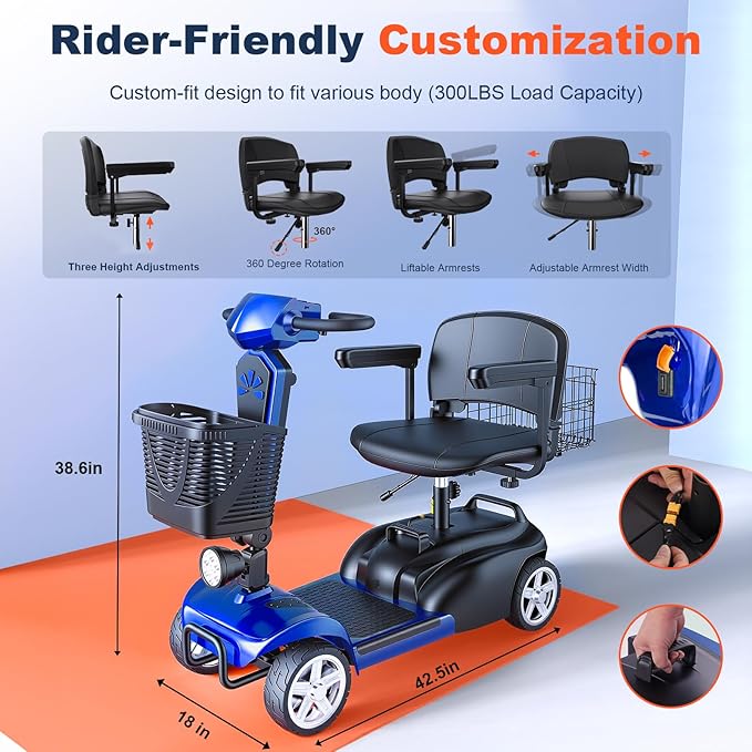 15/25/30/50Miles Eldryvon 4 Wheels Electric Mobility Scooter for Seniors, Dual Basket, 350W Powered Wheelchair with Rotating Seat, Mirrors, Foldable Motorized Scooter for Adults (Blue, 50Miles)