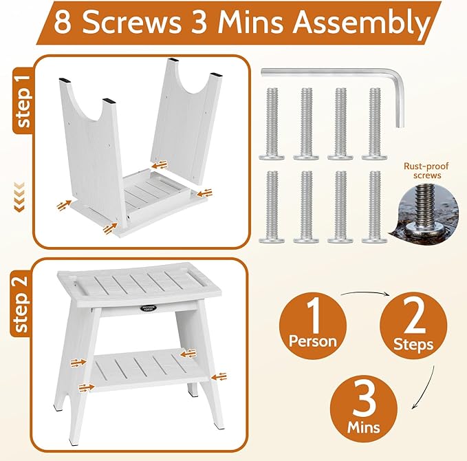 HDPS Shower Benches for Inside Shower to Sit on, Waterproof Shower Chair with Storage Shelf, Heavy Duty 500-lb Shower Seat, Shower Stool for Shaving Legs, Indoor/Outdoor Use, White