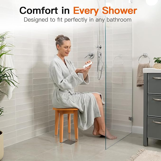 Round 16 Inch Bamboo Waterproof Shower Bathroom Stool Chair, Duty Wooden Bath Corner Shaving Legs Bench Seat (Honey Bamboo, XL)