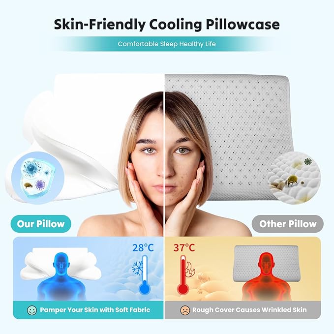 DUMOS Cervical Neck Pillow for Sleeping, Cooling Ergonomic Memory Foam Pillow with Arm Rest Slot and Ice Silk Pillowcase, Dual Height Orthopedic Support Contour for Side, Back, Stomach Sleepers