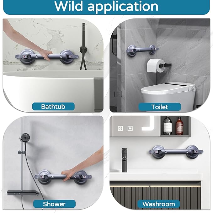 Suction Grab Bar for Shower Bathtub, Heavy Duty Shower Handle with Strong Suction Cup for Bathroom Wall, Max 269lbs Safety Handrails Non-Slip Grip for Seniors Elderly Disabled Handicap, 17 Inch Silver