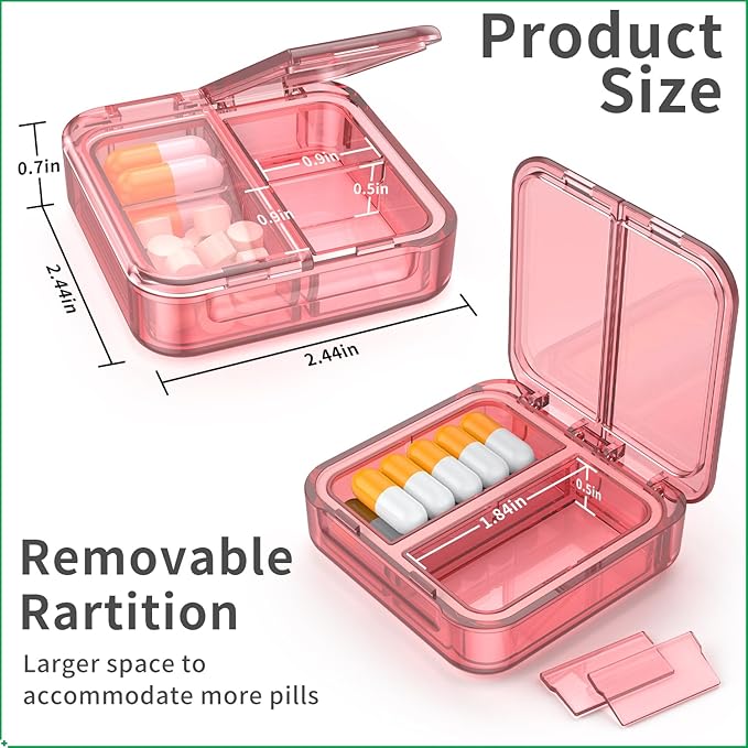 Small Pill Box,4 Compartments Travel Pill Case, Portable Pill Organizer,Mini Pill Container for Pocket,Daily Compact Travel Medicine Holder for Vitamins Fish Oil and Supplement Storage(Pink+Purple)