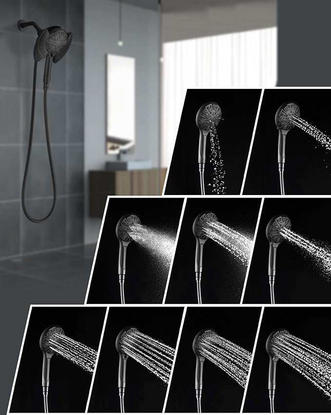 INAVAMZ 2-in-1 Shower Head with Handheld Combo: 2.5GPM Rainfall & Handheld Shower Head Use Together or Alone, 9 Spray Settings Hand Held Shower Head with Hose, Black