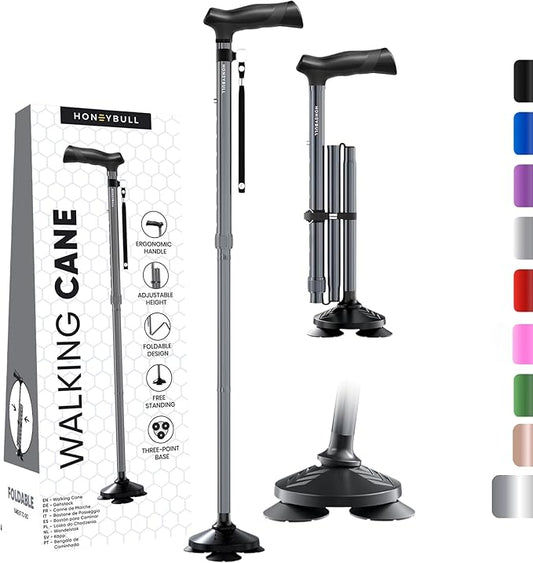 HONEYBULL Walking Cane for Men & Women Foldable, Adjustable, Heavy Duty, Free Standing, All Terrain, Collapsible Walking Sticks for Seniors & Adults