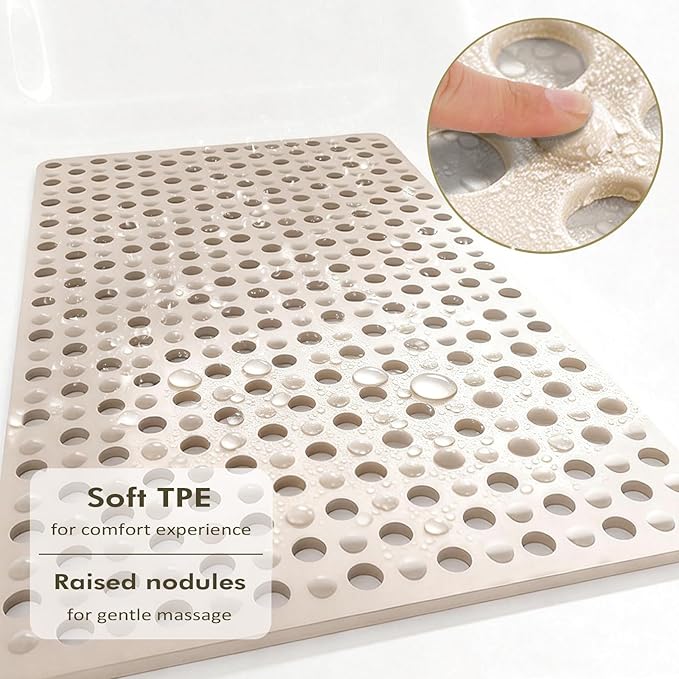Tiamo Non Slip Large Shower Mats for Inside Shower 20.87" x 33.86",TPE Bath Mat for Outside Shower,Extra Large Bathtub Mat with Suction Cups and Big Drain Holes,Apricot