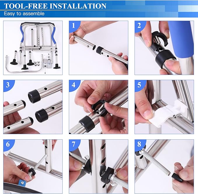Toilet Safety Rail Frame, Heavy Duty Stand Alone Toilet Rail with Handles for Elderly Handicap, Adjustable Height & Width, Double Crossbar & Suction Cups, 330lbs Capacity, Fits Most Toilets