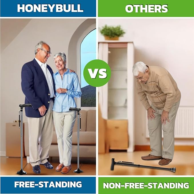 HONEYBULL Walking Cane for Men & Women Foldable, Adjustable, Heavy Duty, Free Standing, All Terrain, Collapsible Walking Sticks for Seniors & Adults