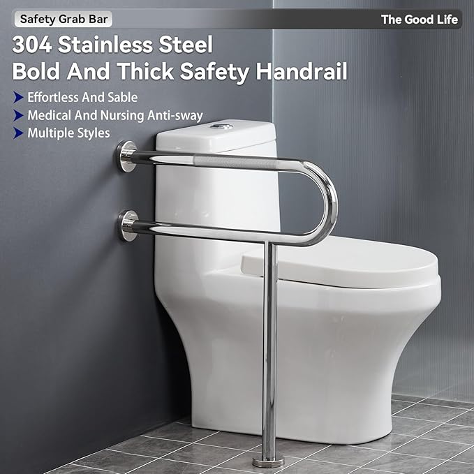 31.5" x 27.5" Floor to Wall Toilet Support Rail with Leg, Anti-Slip Chrome Handicap Grab Bar for Bathroom, Stainless Steel Knurled Safety Handrails, 1.25" Tube for Elderly, Disabled, Pregnant