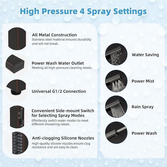Hibbent All Metal CUPC Certified 8'' Rain Shower Head, Dual Shower Head Combo, High Pressure Handheld 4 Sprays Shower Wand, 16'' Adjustable Extension Arm, 71'' Hose, Shower Holder, Oil Rubbed Bronze