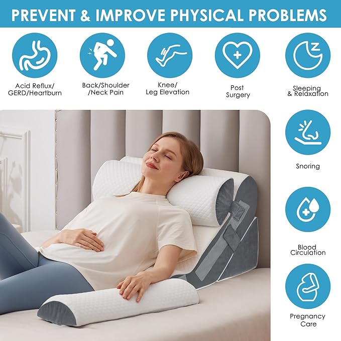 MEGCXIT 4PCS Bed Wedge Pillow for Headboard, Adjustable Wedge Pillow for Sleep Apnea, 23” Wide Triangle Pillow Wedge Set for After Surgery, Acid Reflux Relief, Snoring, Neck&Back Support, White/Grey