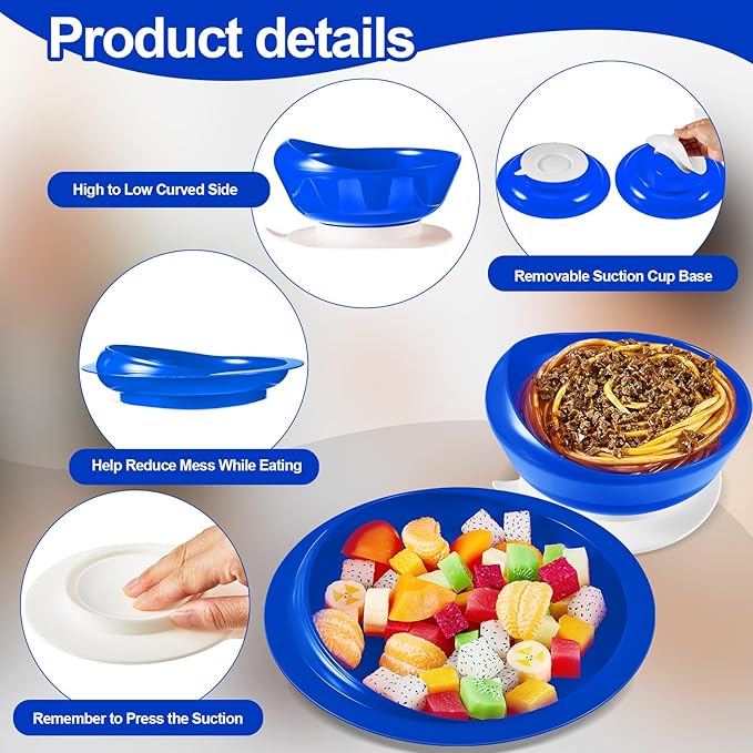 Hushee 3 Sets Adaptive Spill Proof Scoop Bowl and Plate Set with Suction Base Non Skid Self Feed Suction Dinnerware for Elderly Disabled Handicapped from Parkinsons Tremor (Blue)